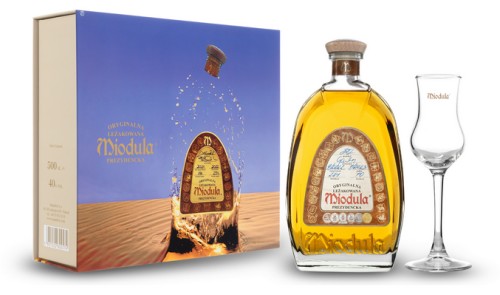 Oryginalna Leżakowana Miodula® Prezydencka  0.5L 40% Box z kieliszkiem - Miodula by R.Horowitz